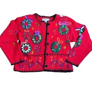 Vintage Segue Knit Christmas Beaded Cardigan Red large Wreath Appliqué Design